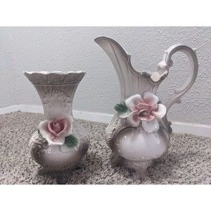 Vintage Rose Pitcher Capodimonte 12.5" &  10" Vase Porcelain  See Pics